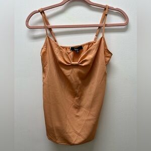 Lulus satin cowl neck slip top in a peach color with adjustable spaghetti